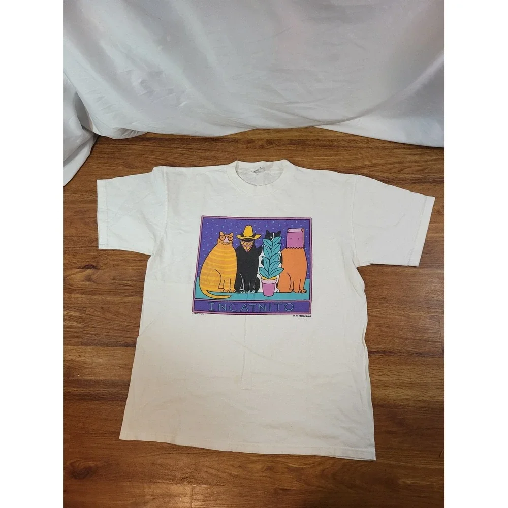 Vtge Fabric Art S Bronzan White Cat Graphic Tee Shirt - Picture 1 of 4